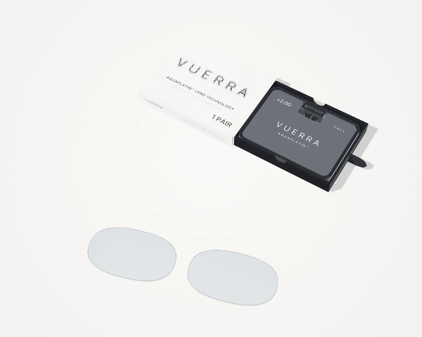 VUERRA Full box open: the smoked lens case with its +2.00 FULL sticker in the drawer, two full lenses beside it