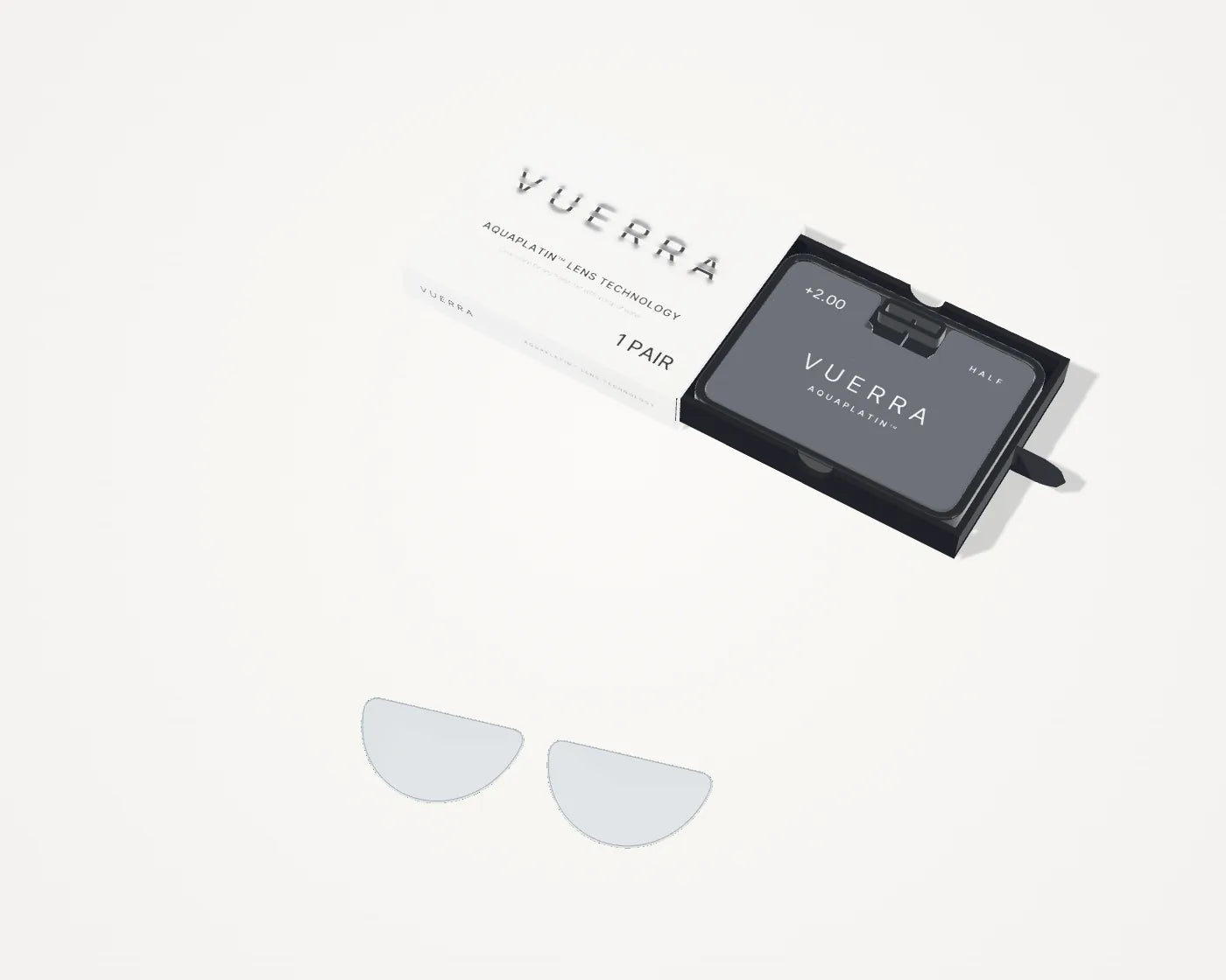 VUERRA Half box open: the smoked lens case with its +2.00 HALF sticker in the drawer, two half-moon lenses beside it